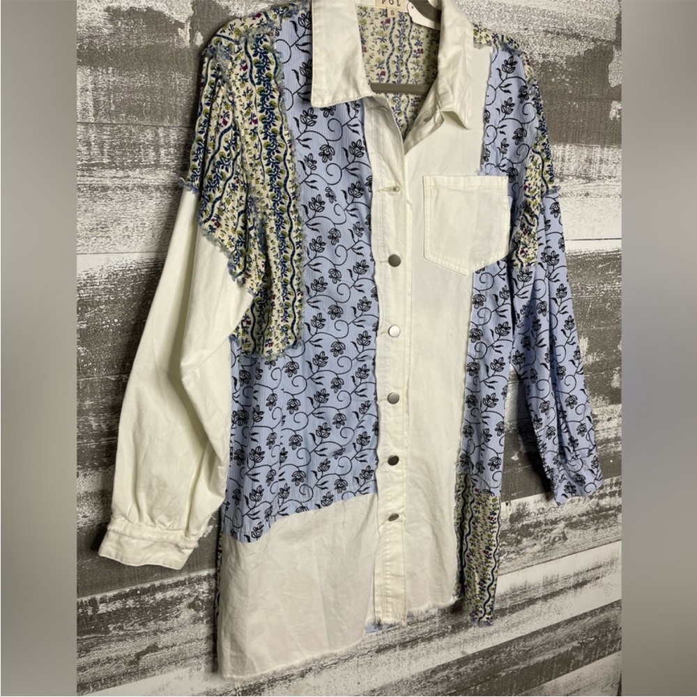 POL Floral Patchwork Button-Up in White & Light Blue